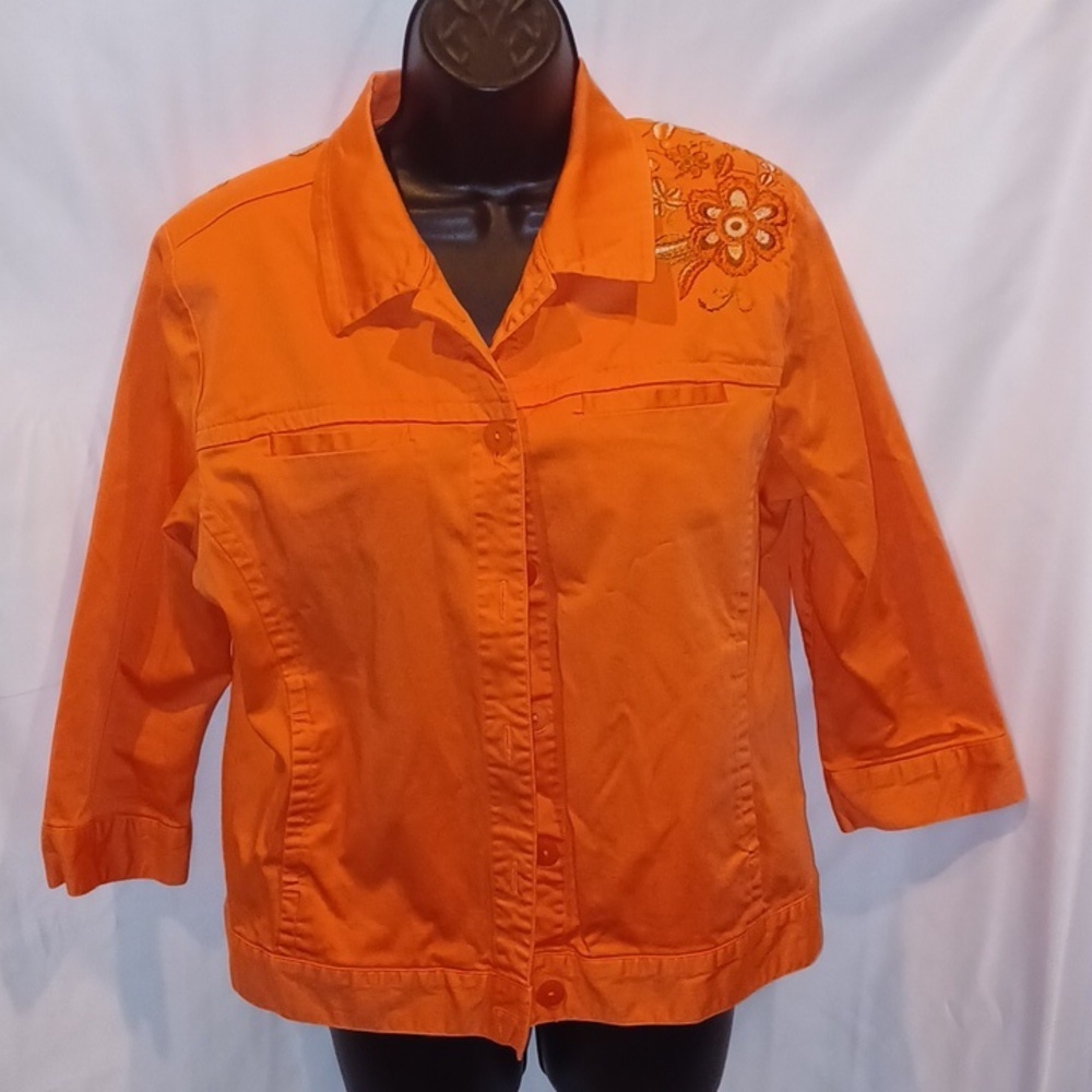 Erin London Orange floral embroidered, cotton stretch jacket, 3/4 sleeve